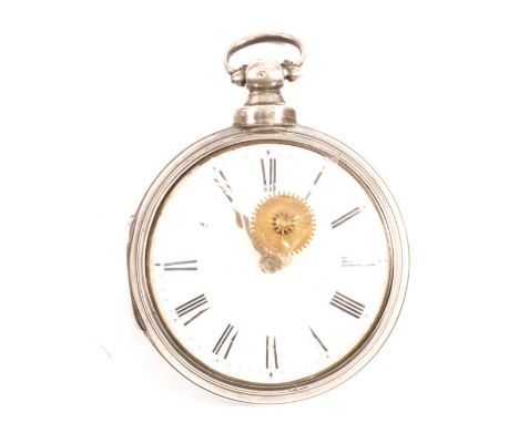 A silver pair case pocket watch, 48mm white enamel dial with roman numeral chapter ring in 56mm plain polished outer case, in