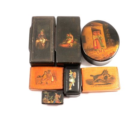 Seven snuff boxes, five black papier mache, two rectangular boxes 8.5 x 4cm, figures in Tyrolean costume, a similar oval box 