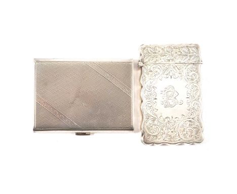 A silver card case by Joseph Gloster Ltd, Birmingham 1907, floral and scroll engraved design, monogrammed BR, scalloped edge,