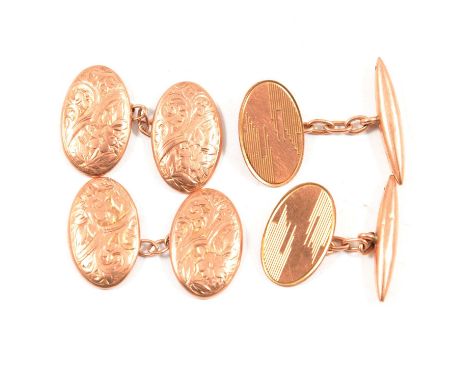 Two pairs of 9 carat rose gold chain link cufflinks, one pair engine turned with torpedo backs, the other pair with all four 