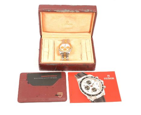 Tudor - a gentleman's Geneve Monarch chronograph wristwatch, 26mm circular white baton dial with three gold-coloured subsidia