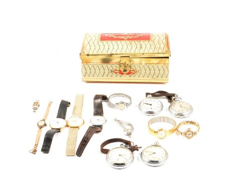 A collection of wrist and pocket watches, four chrome cased open face stem wind pocket watches, Smiths Empire and Ingersoll; 