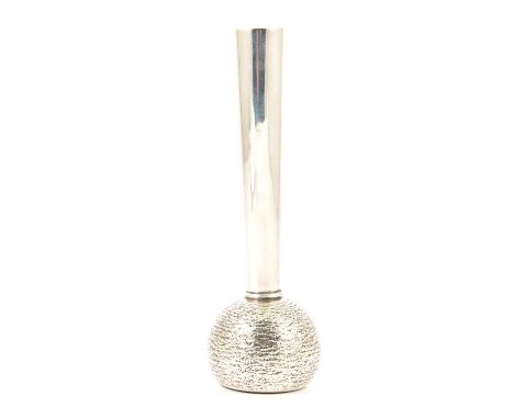 A silver bud vase by Deakin &amp; Francis Ltd, Birmingham 1970, slender polished stem with bark textured bulbous filled base,