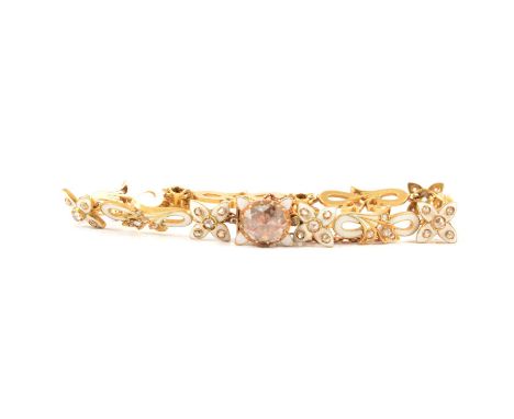 A white enamel bracelet set with rose cut diamonds, the six white enamel floral infinity shape links each set with five rose 