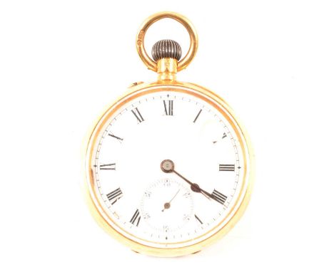 An 18 carat gold open face fob watch, 29mm white enamel dial with roman numeral chapter ring in a 33mm plain polished 18 cara