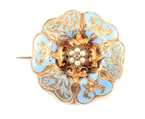 A Victorian blue enamel and pearl brooch with locket back, a cluster of six small pearls and diamond point to centre, yellow 