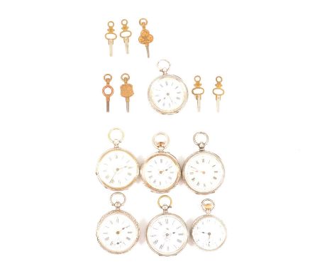 Seven silver and white metal fob watches, a silver fob watch, white enamel dial with arabic numerals, subsidiary seconds dial