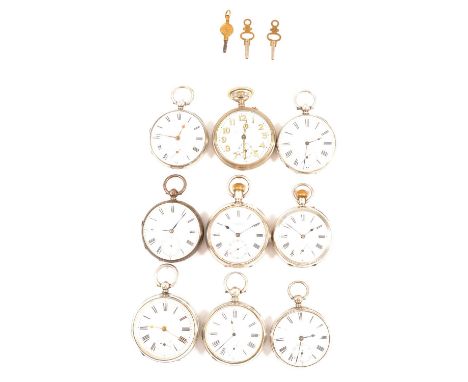 Nine silver and base metal pocket watches, an HC Kemp &amp; Co, Leicester, silver open face pocket watch, 42mm white enamel d