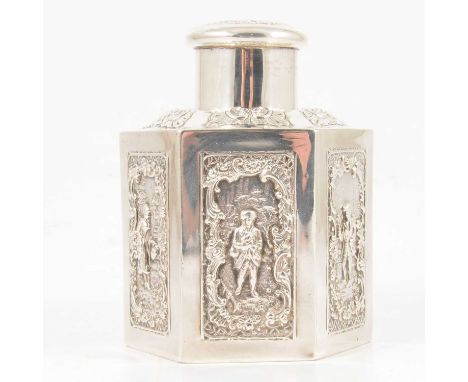 A repousse chased silver hexagonal tea caddy by Carrington &amp; Co (John Bodman Carrington), London 1897, the panels decorat