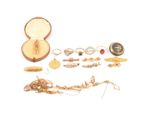 A collection of gold and yellow metal jewellery, a seed pearl bar brooch marked 9ct in fitted vintage box; other brooches - s