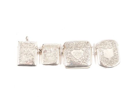 Four silver vesta match cases, scroll engraved design three with vacant cartouches, one monogrammed, 47mm John Rose Birmingha
