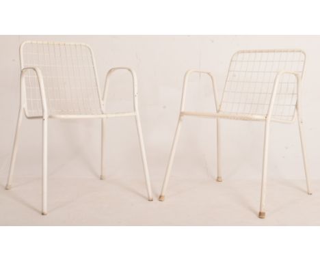 Emu - Rio R50 - a pair of vintage mid 20th century white painted metal garden outdoor patio armchairs. Each chair having a gr