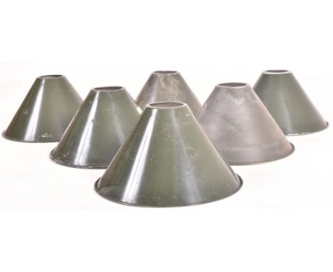 A set of six retro 20th century green painted aluminium conical industrial factory light shades. Each shade of conical form w