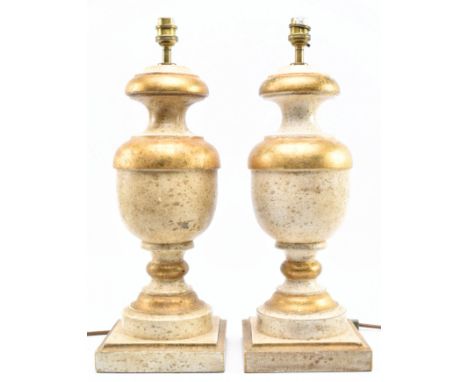 Porta Romana - a pair of modern design gold &amp; cream aged effect wooden desk table lamps in the shape of urns. Each lamp h