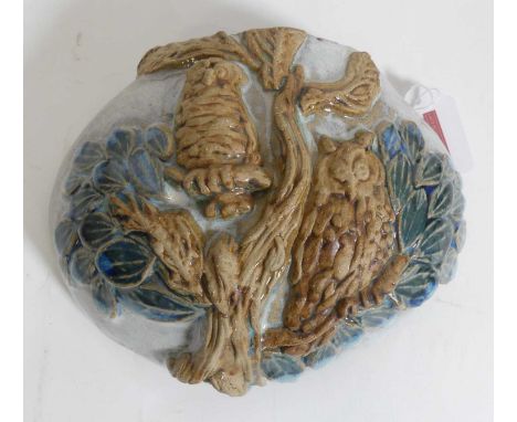 A Bernard Rooke (b.1938) - a studio pottery vase, of balloon shape, relief decorated with an owl in a tree, h.17cm; together 