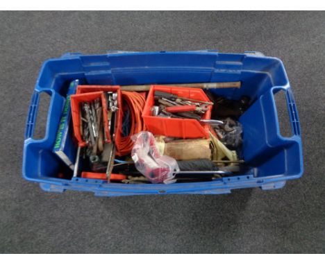 A box of assorted tools to include spanners, drill bits, socket sets, extension cable etc 