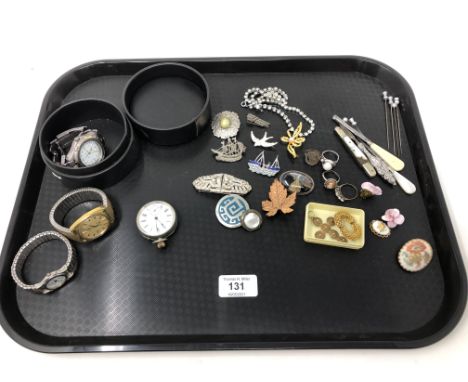 A tray of costume jewellery, watches, silver brooch, pins etc