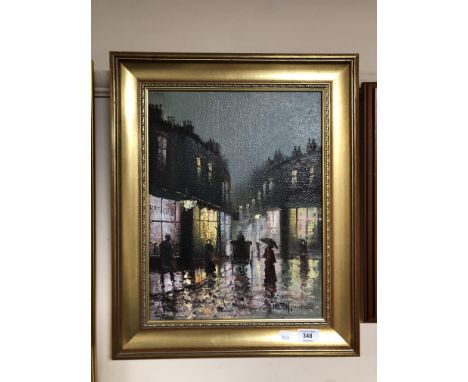 A Barry Hilton oil on canvas, figures on a lamp lit street, in gilt frame. 