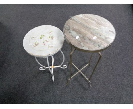 A metal marble top plant stand together with a further metal tile topped plant stand. 