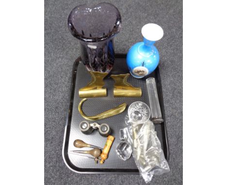 A tray containing miscellania to include lead crystal decanter stopper, vintage opera glasses, brass shoe horn, dressing tabl