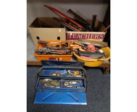 A metal concertina toolbox together with two boxes and two tubs containing vintage and later hand tools.   