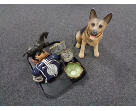 A tray of mid 20th century mantel clocks, retro style telephone, figure of an Alsatian, bronzed figure of a horse on wooden p