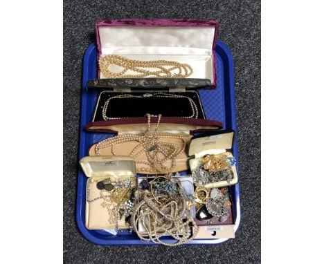 A tray of costume jewellery - brooches, Lotus pearls, lady's wrist watch etc 