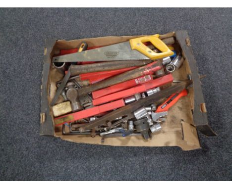 A box of vintage and later hand tools, Alan keys, socket sets, heavy duty file etc 