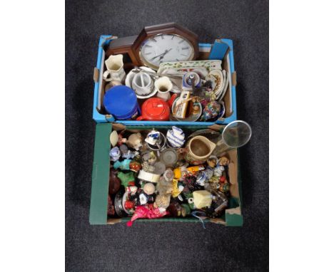 Two boxes containing assorted china and ornaments, wall clock, kitchen storage tin etc.  