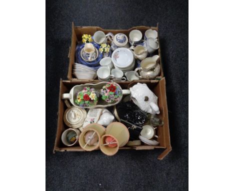 Two boxes containing assorted china to include willow pattern tea and dinner ware, Japanese tea service, china flower posies,