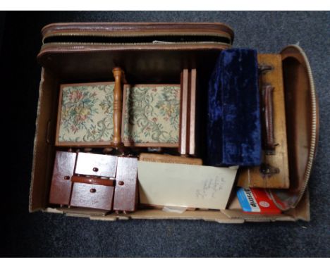 A box containing sewing boxes with contents, cased goblets, a leather cased stationary set, circular copper tray etc.  