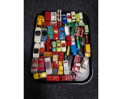 A tray of mid 20th century and later play worn die cast vehicles including Dinky Victor ambulance, Lesney combine harvester, 