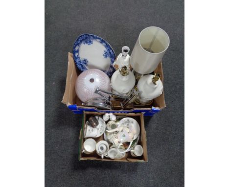 Two boxes of lustre tea service, assorted china, shaving mirror, table lamps, antique blue and white meat plate 