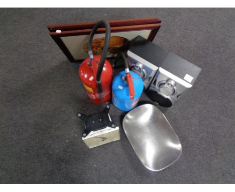 Two fire extinguishers together with a set of Waymaster commercial scales, framed prints, pair of Hi-Fi speakers.  