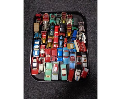 A tray of mid 20th century and later play worn die cast vehicles including Dinky, Lesney, Models of Yesteryear etc 