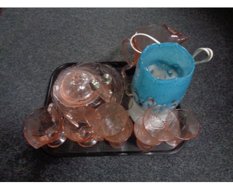 A tray containing glassware to include pair of 19th century etched glass beakers, early 20th century pink glassware to includ