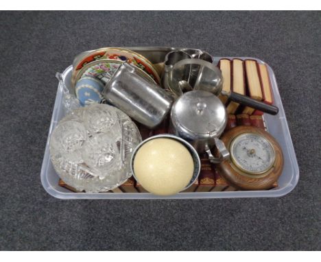 A box of Dickens books, old hall stainless steel tea service, ostrich egg, Edwardian oak barometer etc 