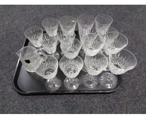 A tray of sixteen assorted Edinburgh crystal wine glasses together with a jug 