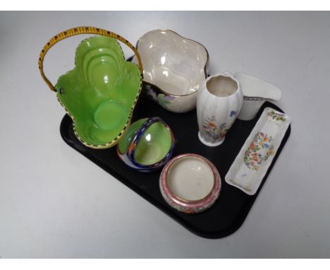 A tray containing assorted china to include Maling storm basket, Maling peony rose trinket dish, a Burleigh ware Art Deco wic