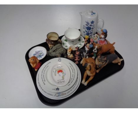 A tray containing miscellania to include Wedgwood Peter Rabbit plates, miniature Hornsea spill vase, Royal Doulton character 