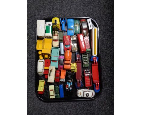 A tray of mid 20th century and later play worn die cast vehicles including Dinky Toys conveyancer, Corgi racing cars, Bat mob