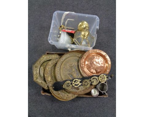 A box and a crate containing assorted metalware to include a brass and glass lantern light fitting, copper and brass plaques,