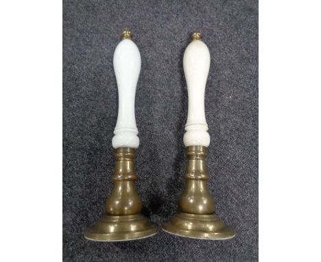 Two vintage brass and ceramic beer pump handles.  