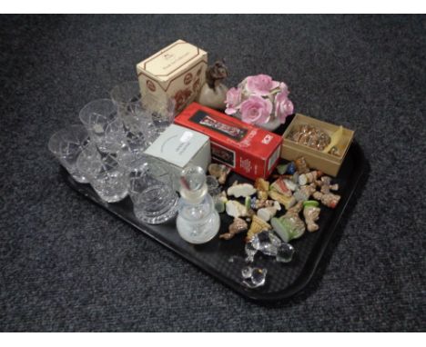 A tray of lead crystal drinking glasses, Wade whimsies, boxed Poole Collector's door mouse, etc 