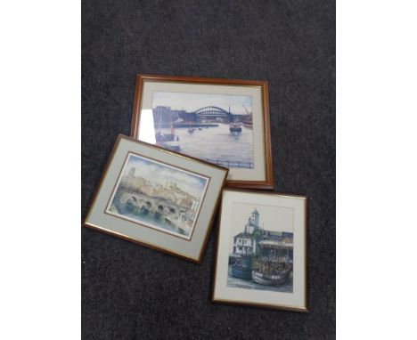 A David Henshaw signed limited edition print, Durham, together with further prints of North Shields Fish Quay and a Harker pr