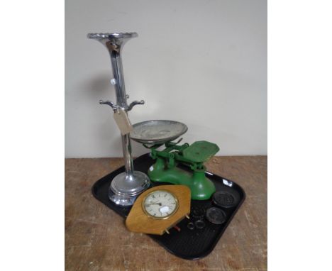 A tray containing kitchen scales with weights, a mid twentieth century Anvil mantle clock together with a chrome smokers stan