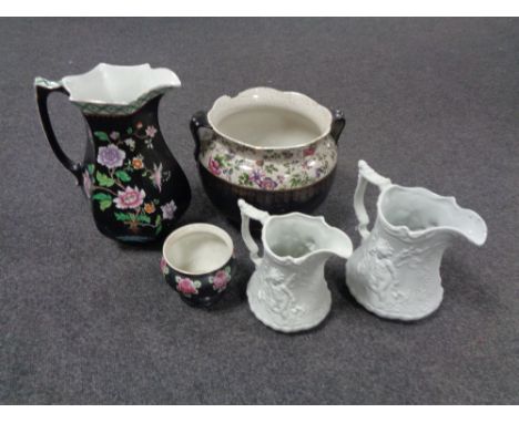 A box of two graduated Portmeirion cherub embossed jugs, Shelley planter, twin handled planter, Royal Corona Ware floral patt