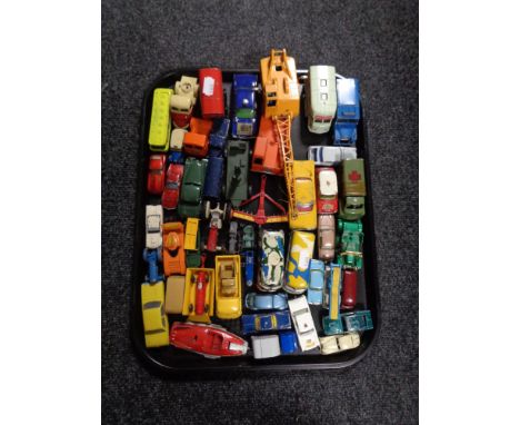 A tray of mid 20th century and later play worn die cast vehicles including Dinky Super Toys 20, lorry mounted crane, Lesney e