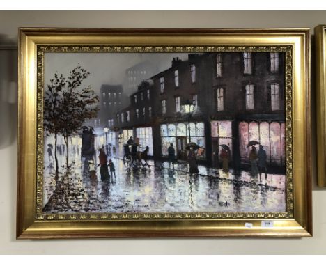 A Barry Hilton oil on canvas, figures on a lamp lit street, in gilt frame.   