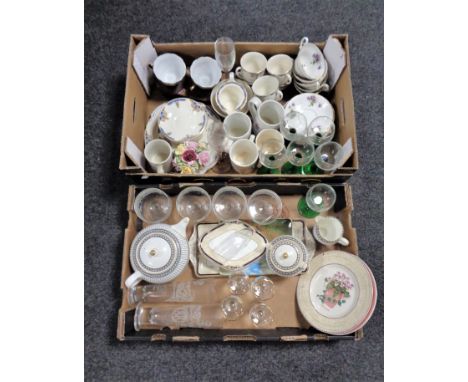 Two boxes containing miscellaneous glassware, part Wedgwood dinner services, tea china, china flower posies etc, together wit